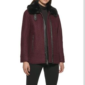 Kenneth Cole New York Faux Fur Collar Zip Wool Blend Coat in Burgundy $245 XS
